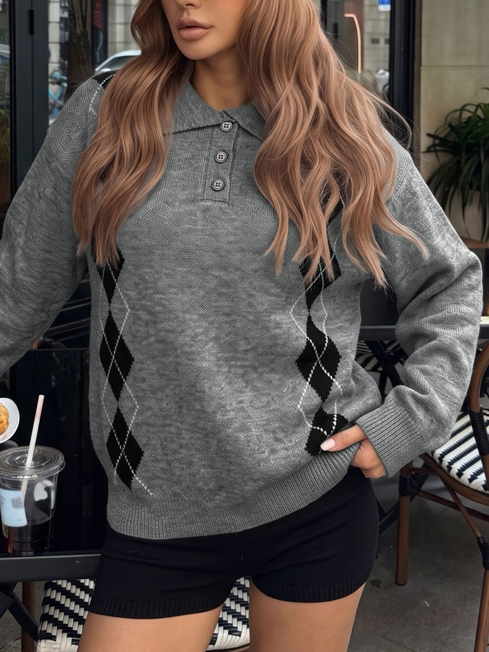 Argyle Patterned Polo Collar Sweater
